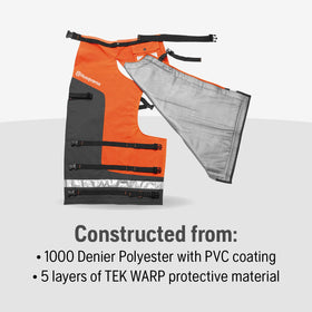 Husqvarna chaps with Acetyl Delran buckles enable quick, secure adjustments.