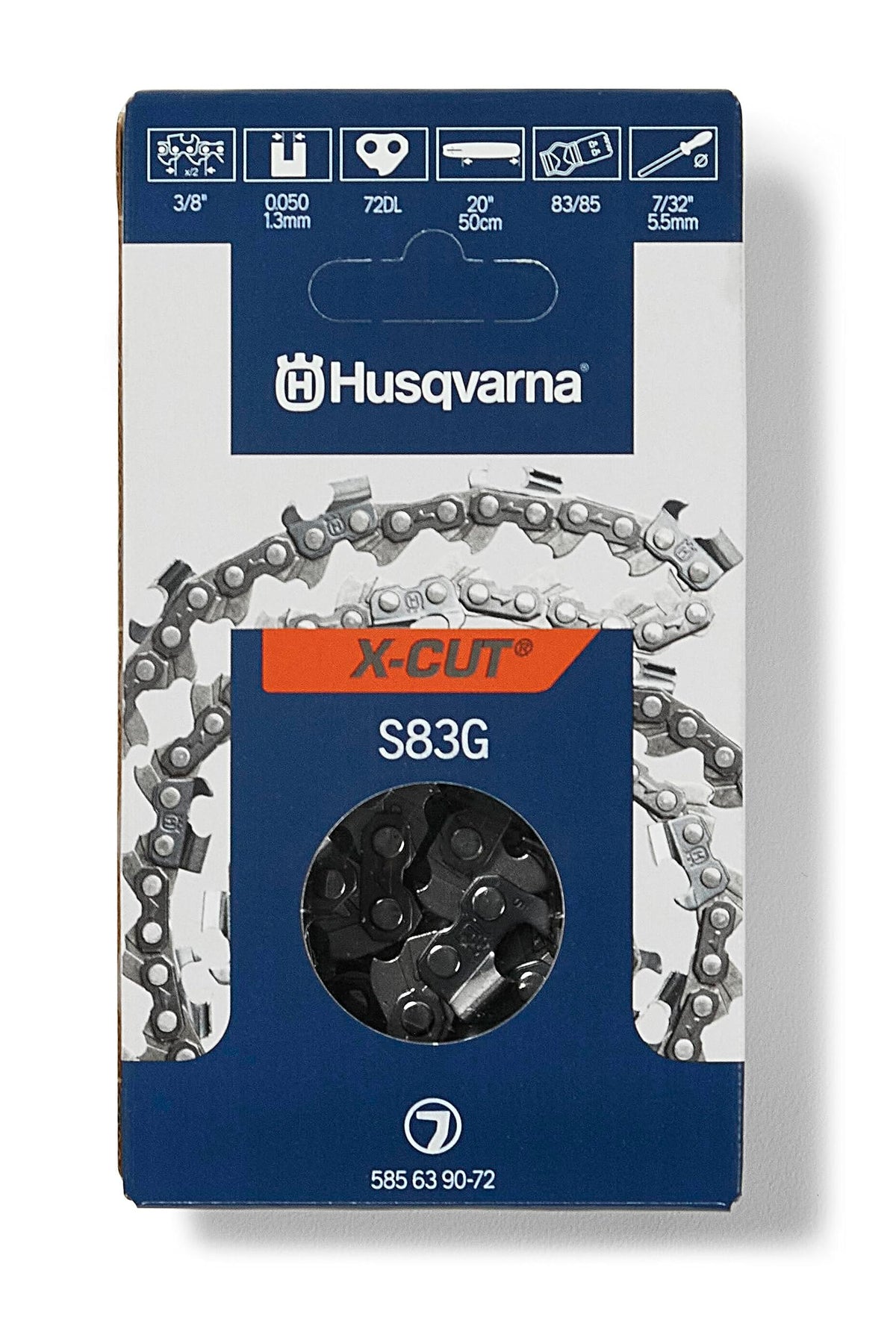 Husqvarna X-Cut S83G 20-inch chain on bar, showing precise cutting and reduced kickback.