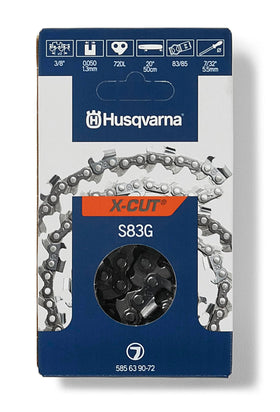 Husqvarna X-Cut S83G 20-inch chain on bar, showing precise cutting and reduced kickback.