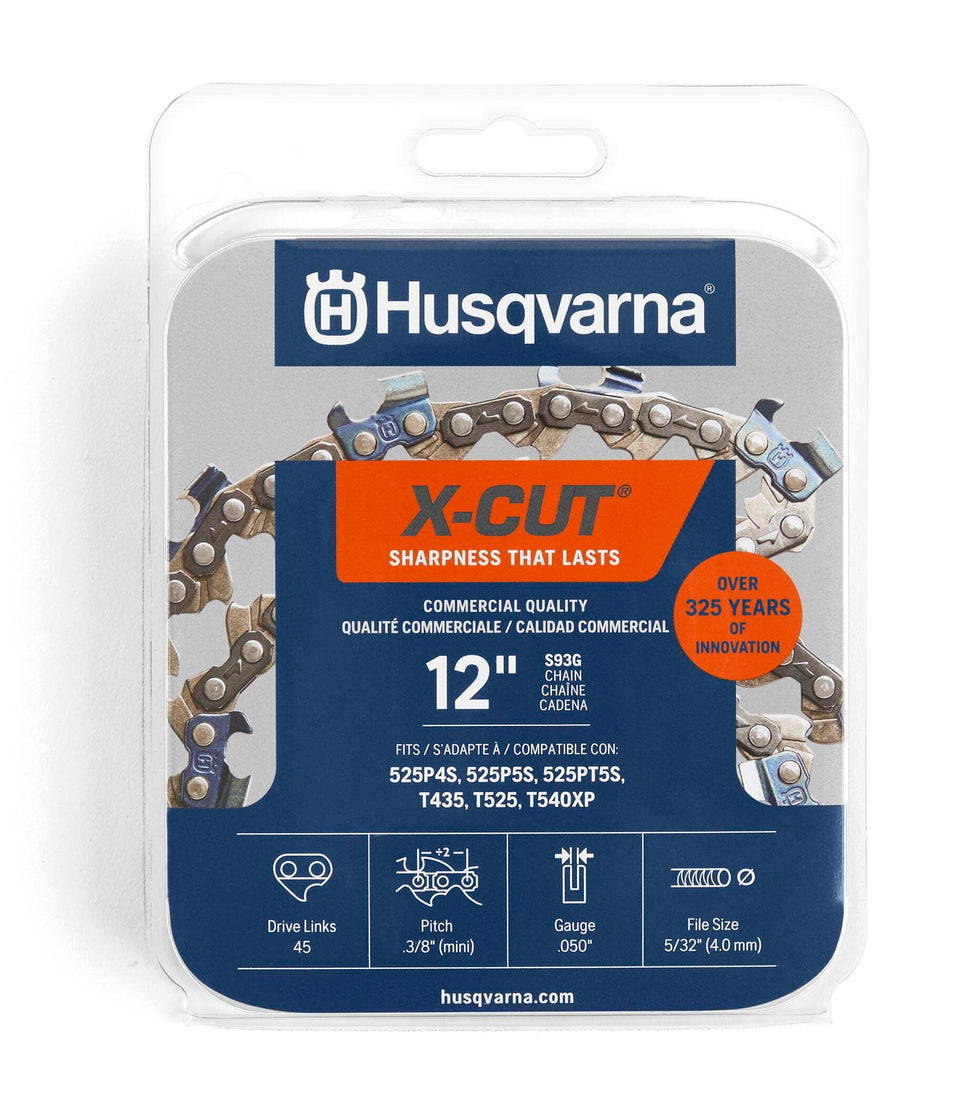 Husqvarna X-Cut S93G chain for 12-inch bars delivers precise cuts in tight spaces.