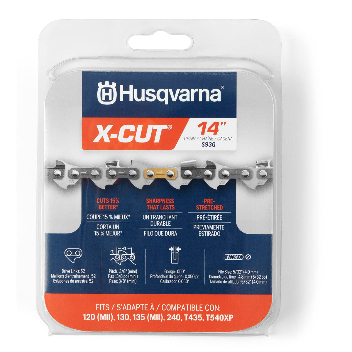 Husqvarna X-Cut S93G chain close-up highlighting precision cutting performance.
