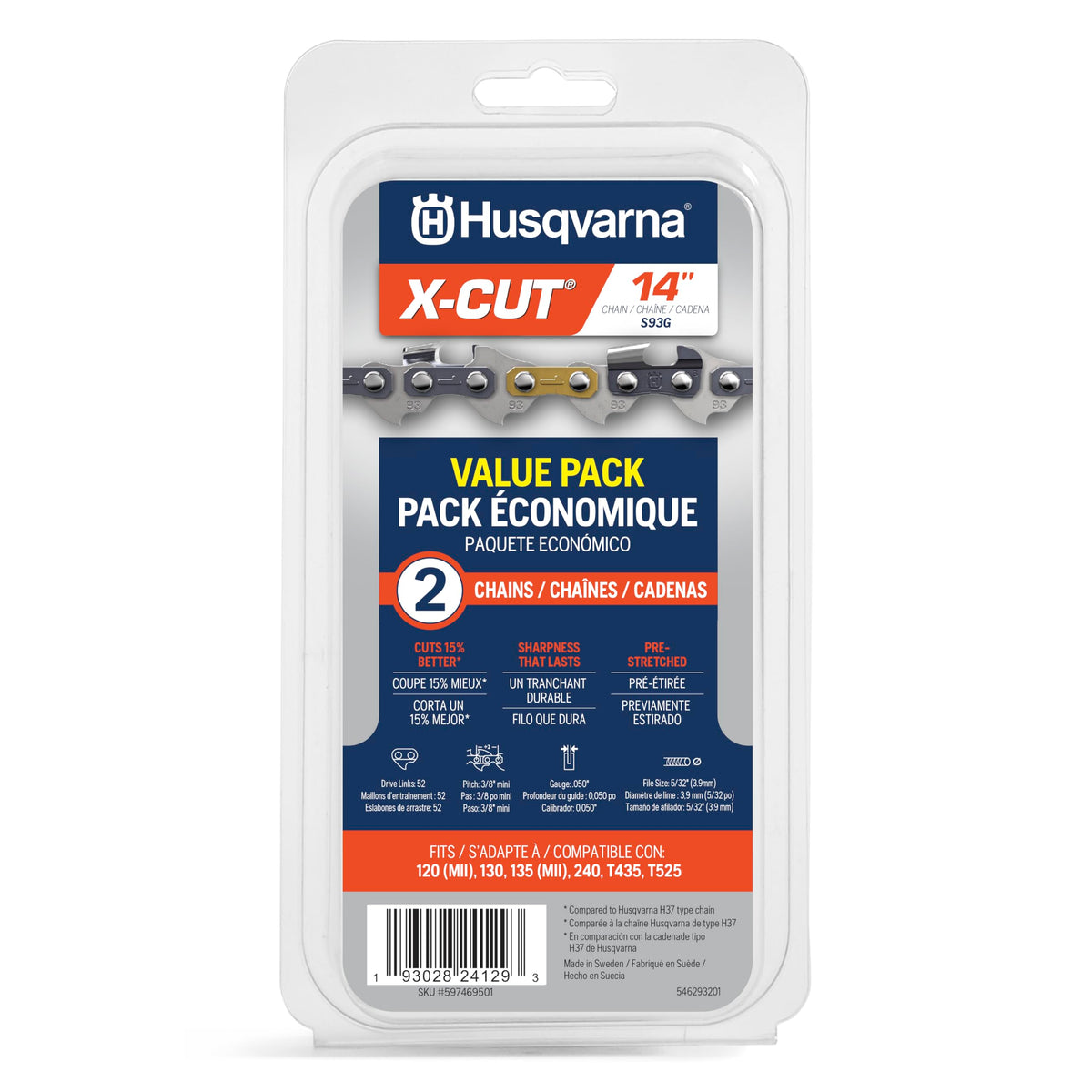 Husqvarna X-Cut S93G 14inch chain pack enables precise cuts.