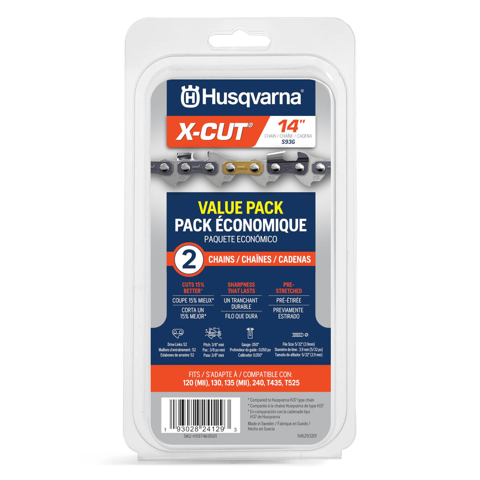 Husqvarna X-Cut S93G 14inch chain pack enables precise cuts.