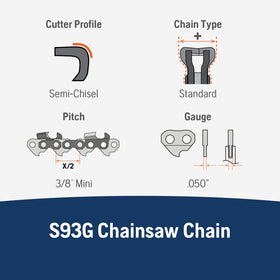 Close-up of Husqvarna X-Cut S93G chain links showing pre-stretch for longer use.