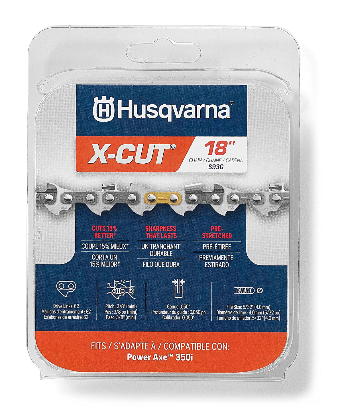Husqvarna X-Cut S93G 18-inch chain close-up showing sharpness for precise cuts
