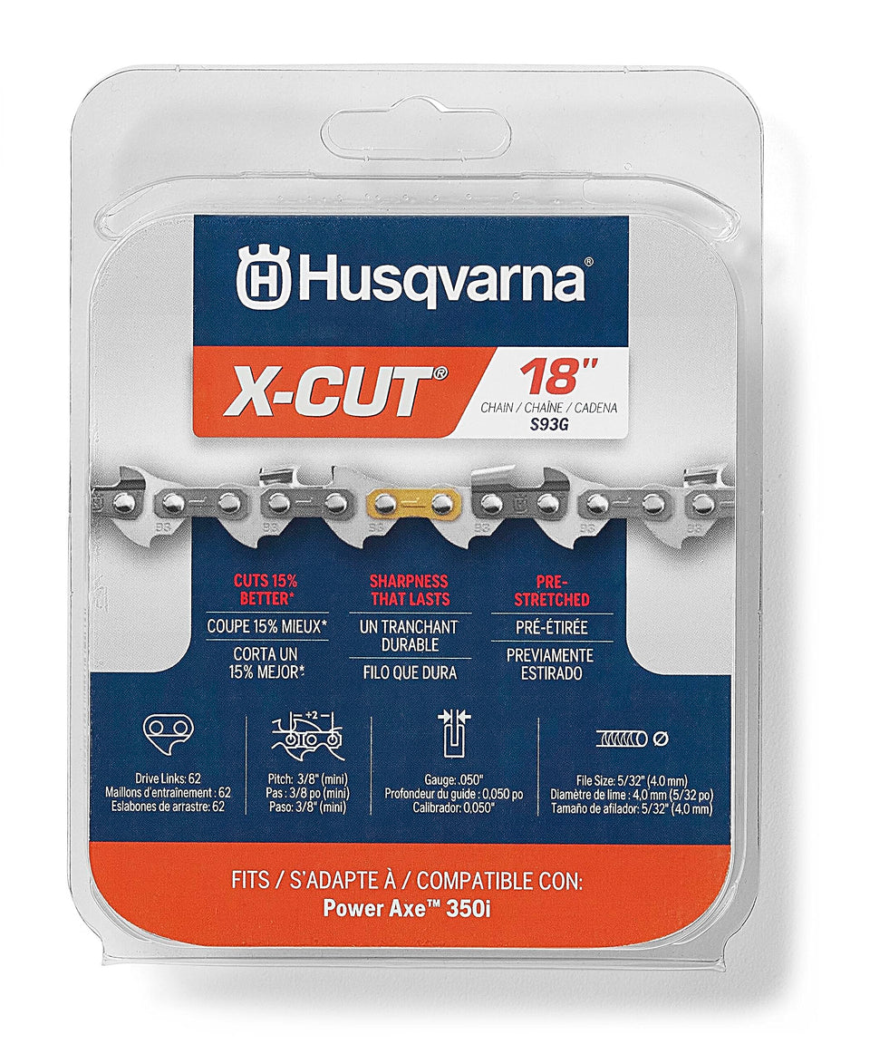 Husqvarna X-Cut S93G 18-inch chain close-up showing sharpness for precise cuts