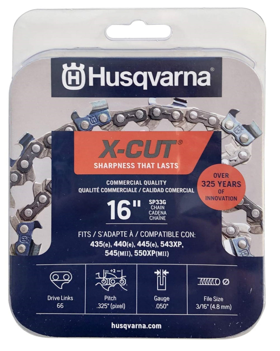 Husqvarna X-Cut SP33G 16-inch chain closeup shows precision teeth for clean, accurate cuts.