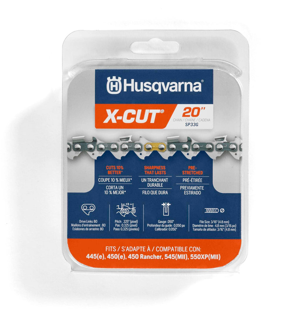 Husqvarna X-Cut SP33G on a 20-inch chain for precise, clean cuts.