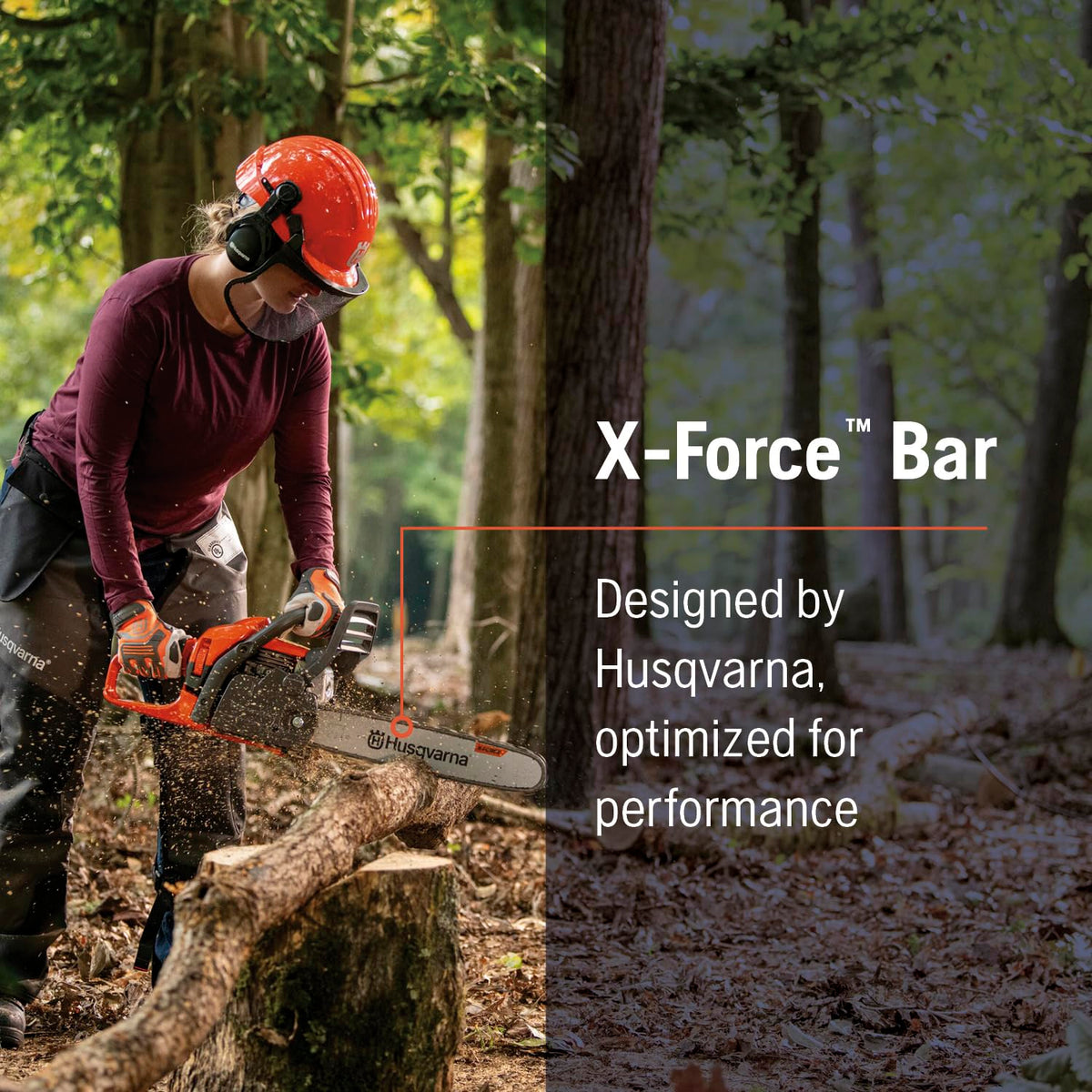 Husqvarna X-Force 20-inch bar shows hardened materials for durable cutting sessions.