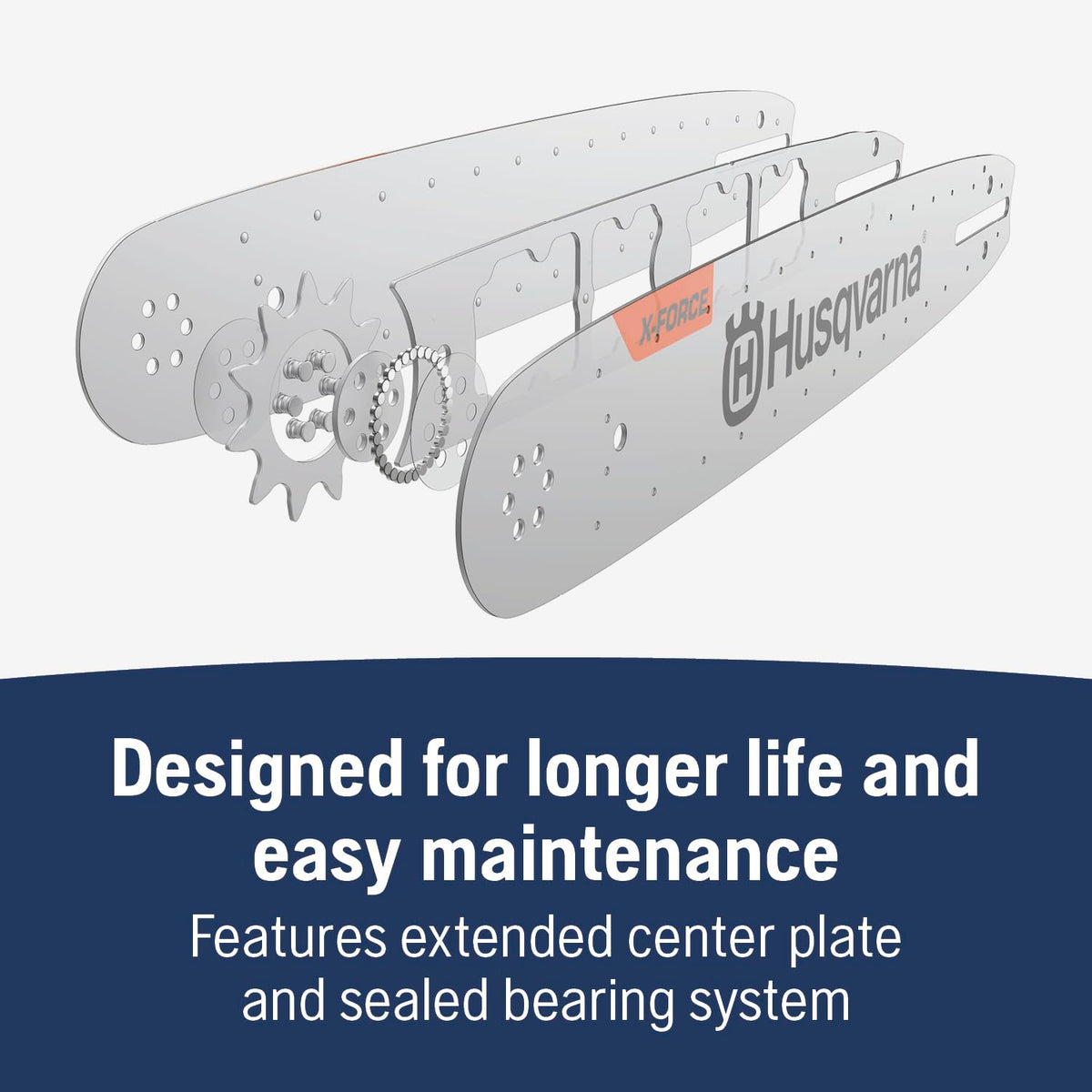Husqvarna X-Force bearing-system bar boosts durability and easier maintenance.