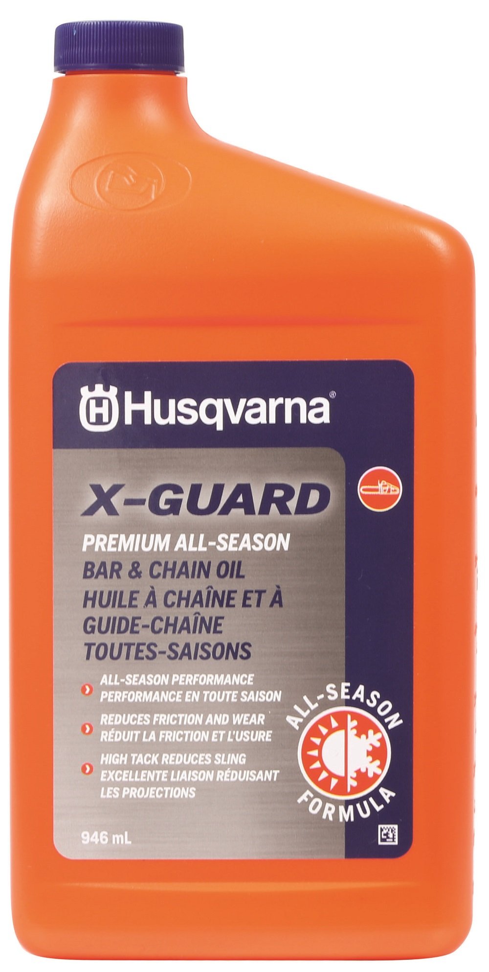 Husqvarna X-Guard bar and chain oil in grey bottle showing premium all-season lubrication benefits