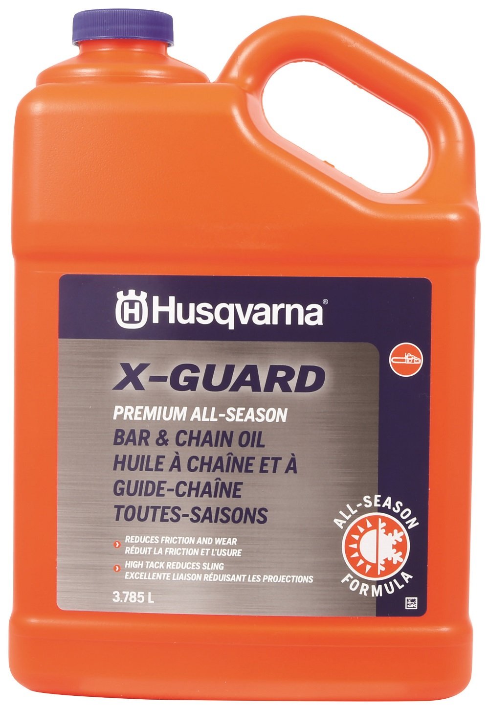 Husqvarna X-Guard bar and chain oil bottle pouring to reduce sling and improve lubrication
