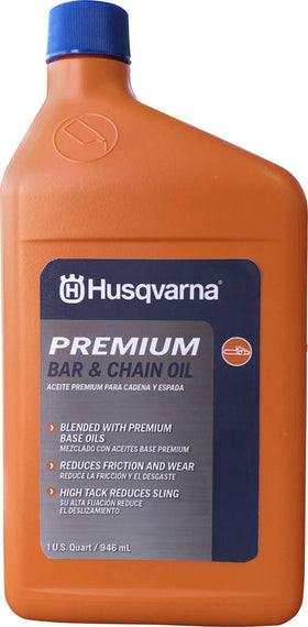 Husqvarna X-Guard premium oil bottle shown for all-season lubrication and reduced heat