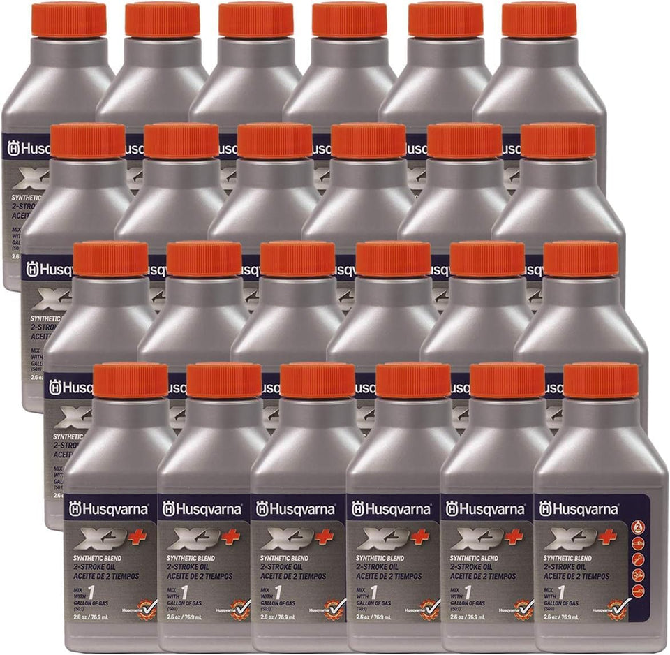 Husqvarna XP 24-pack oil bottles for 1 gallon mix, reducing exhaust smoke.
