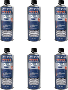Husqvarna XP six-pack of ready-to-use quart cans for multiple tools.