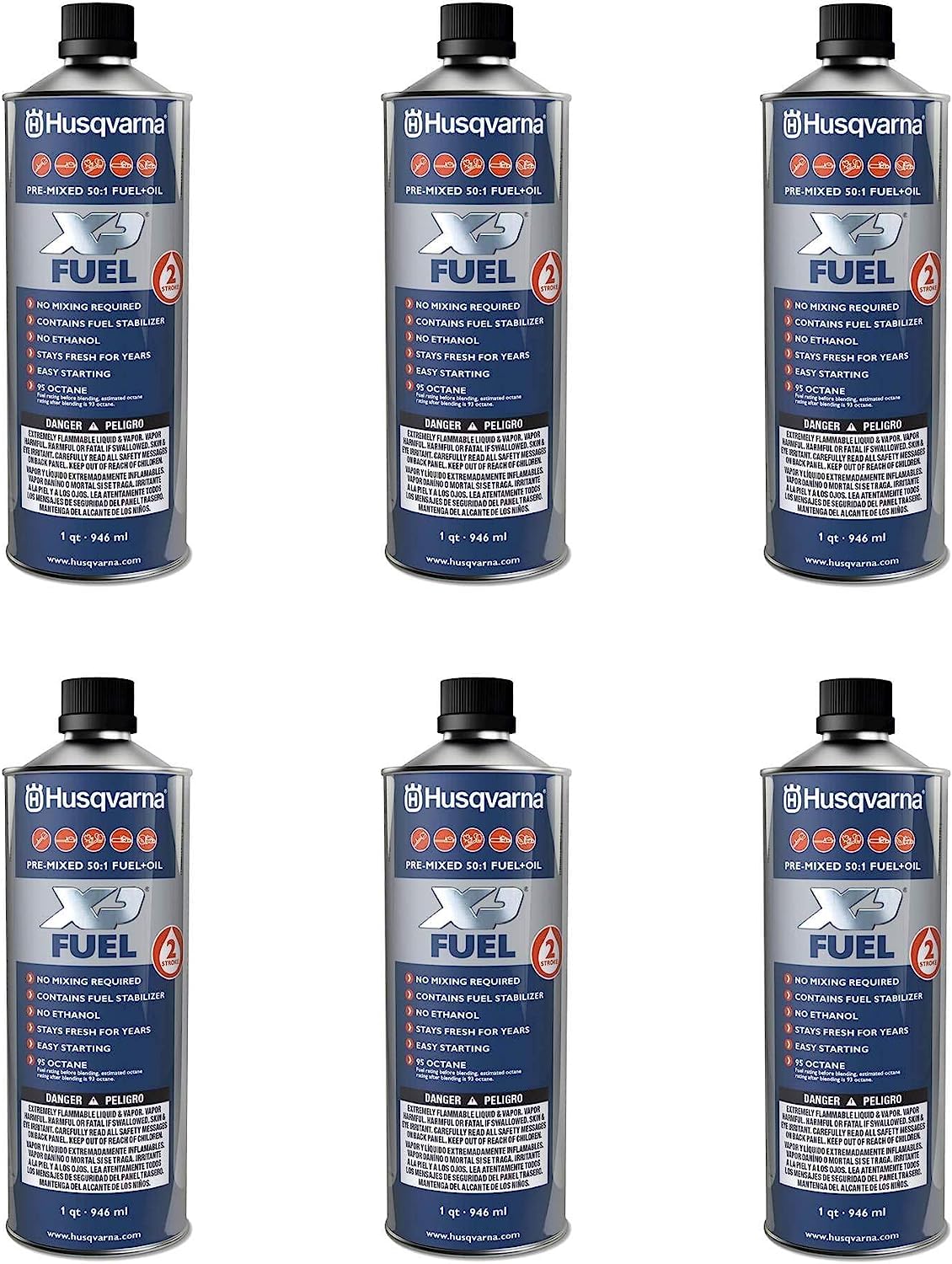 Husqvarna XP pre-mixed 2-stroke fuel and oil in a quart can, six-pack convenience.