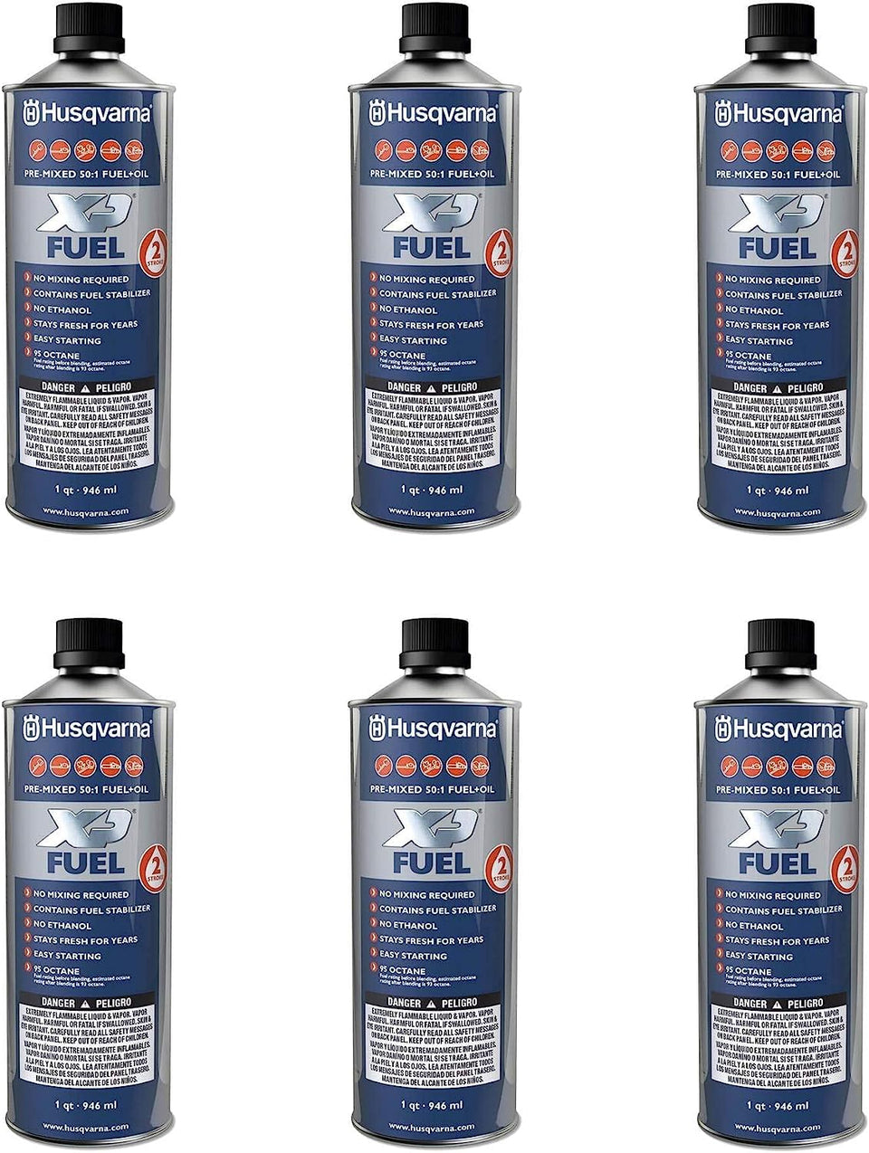 Husqvarna XP pre-mixed 2-stroke fuel and oil in a quart can, six-pack convenience.