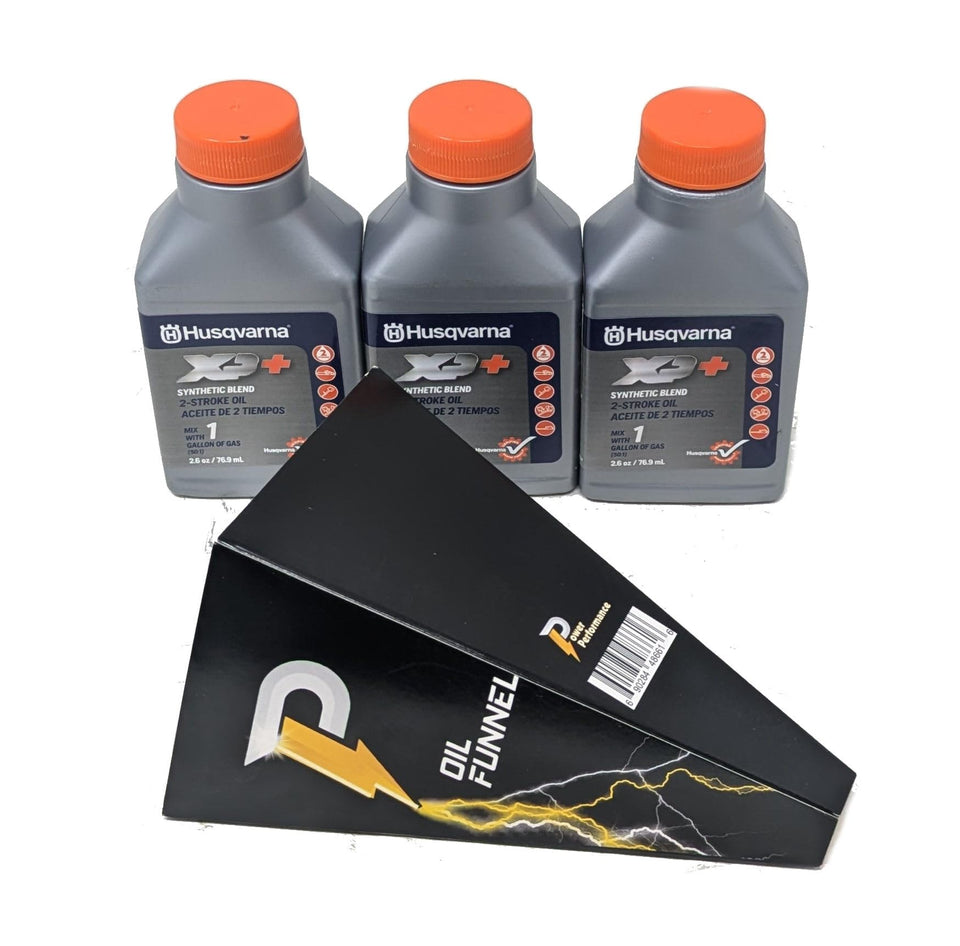Husqvarna XP 2-cycle oil bottle ready for easy fuel mixing.