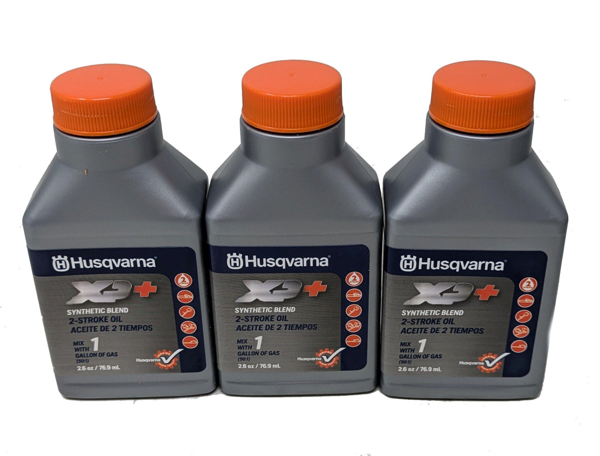 Husqvarna XP oil bottle with pour spout for precise filling.