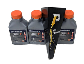 Husqvarna XP oil bottles stacked for bulk purchase and replenishment.