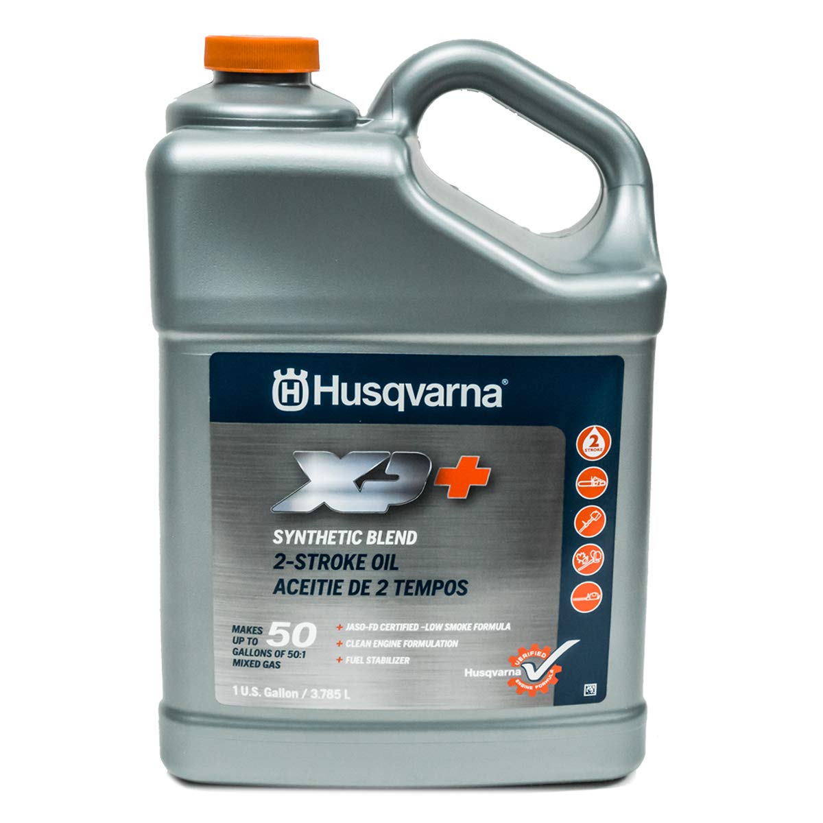 Husqvarna XP+ 2-stroke oil bottle pour for smooth mixing and easy startup.