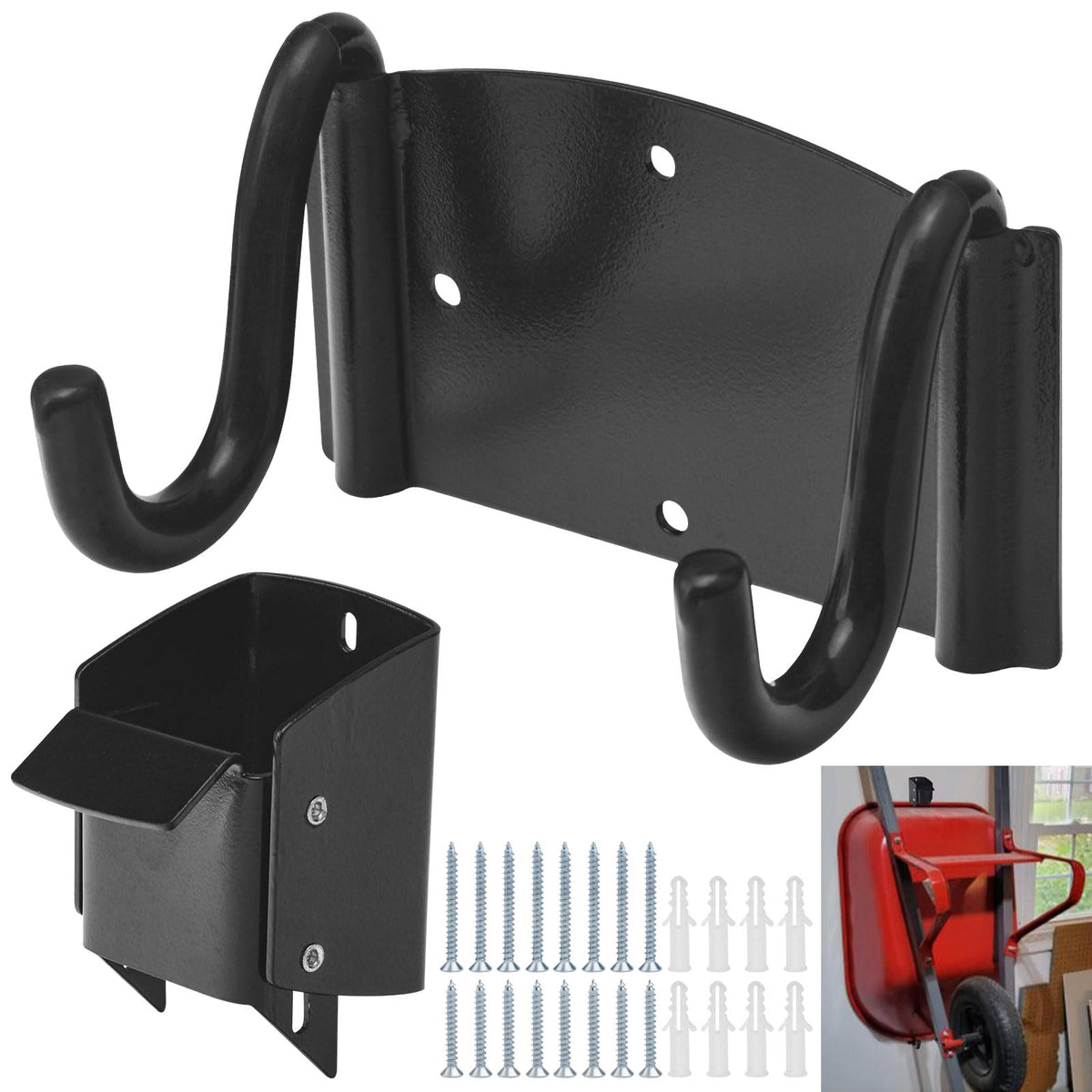 Huthbrother wheelbarrow storage bracket mounted on a wall for organized space