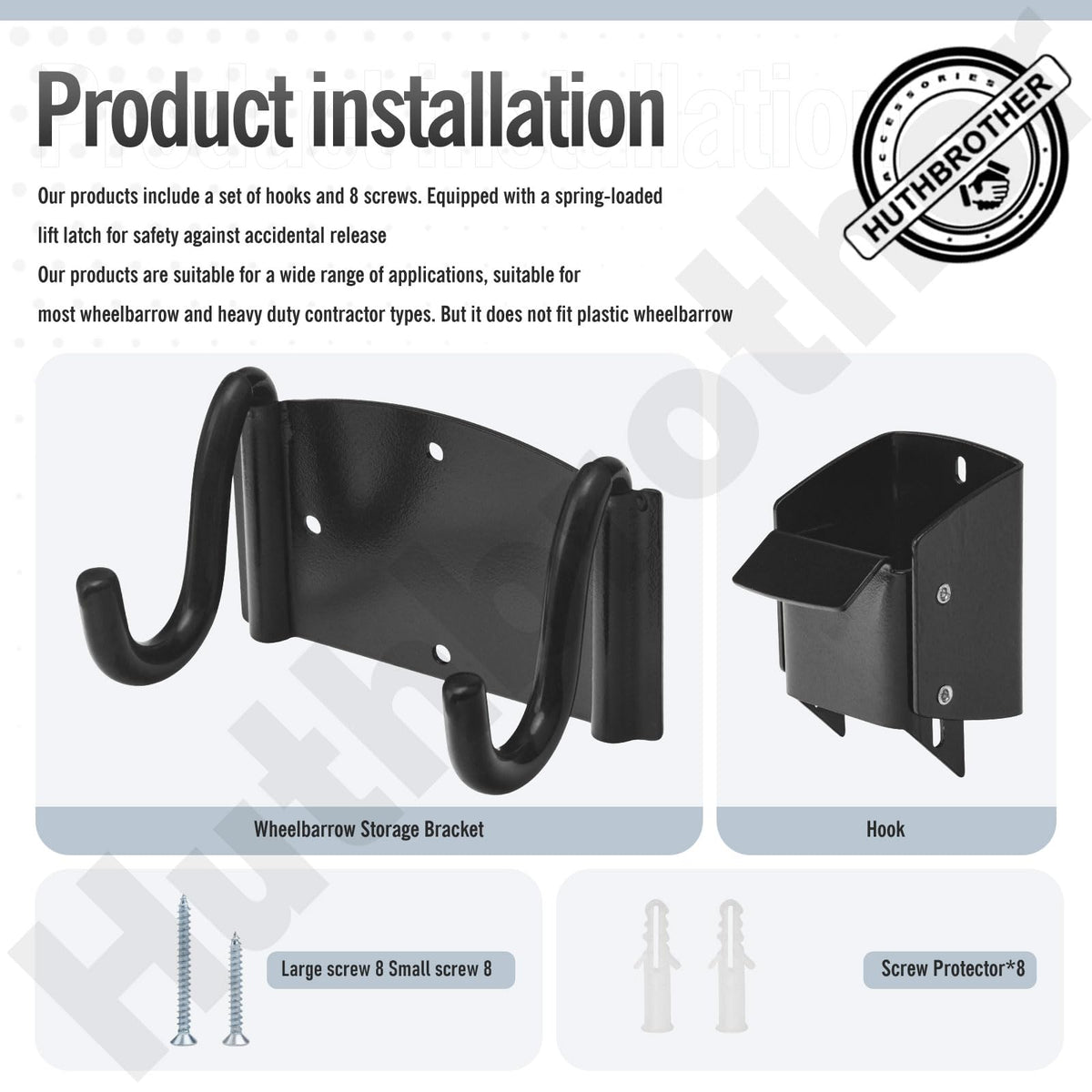 Huthbrother wheelbarrow storage bracket with top lift latch prevents accidental release