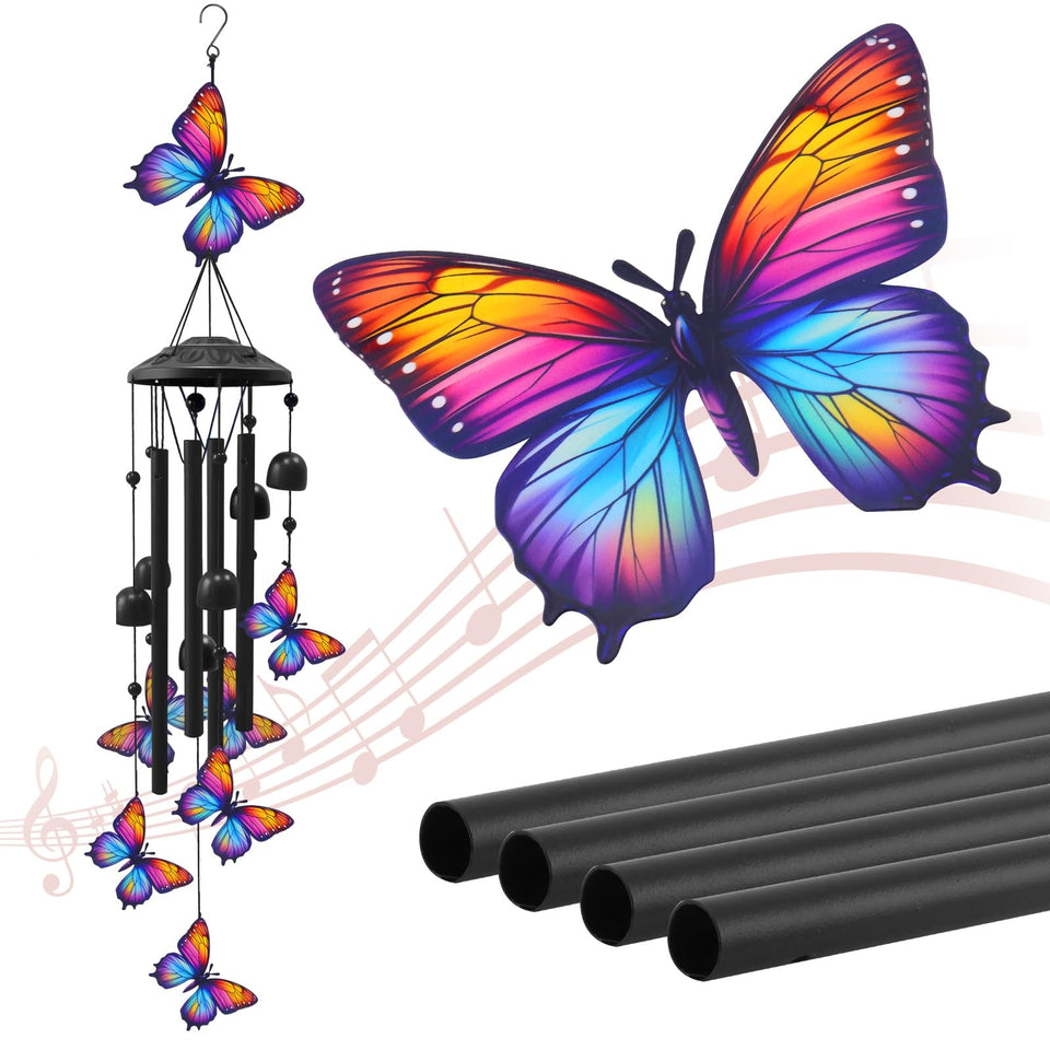 HUVNSOCH butterfly wind chimes outdoor, black finish, soothing garden ambiance.