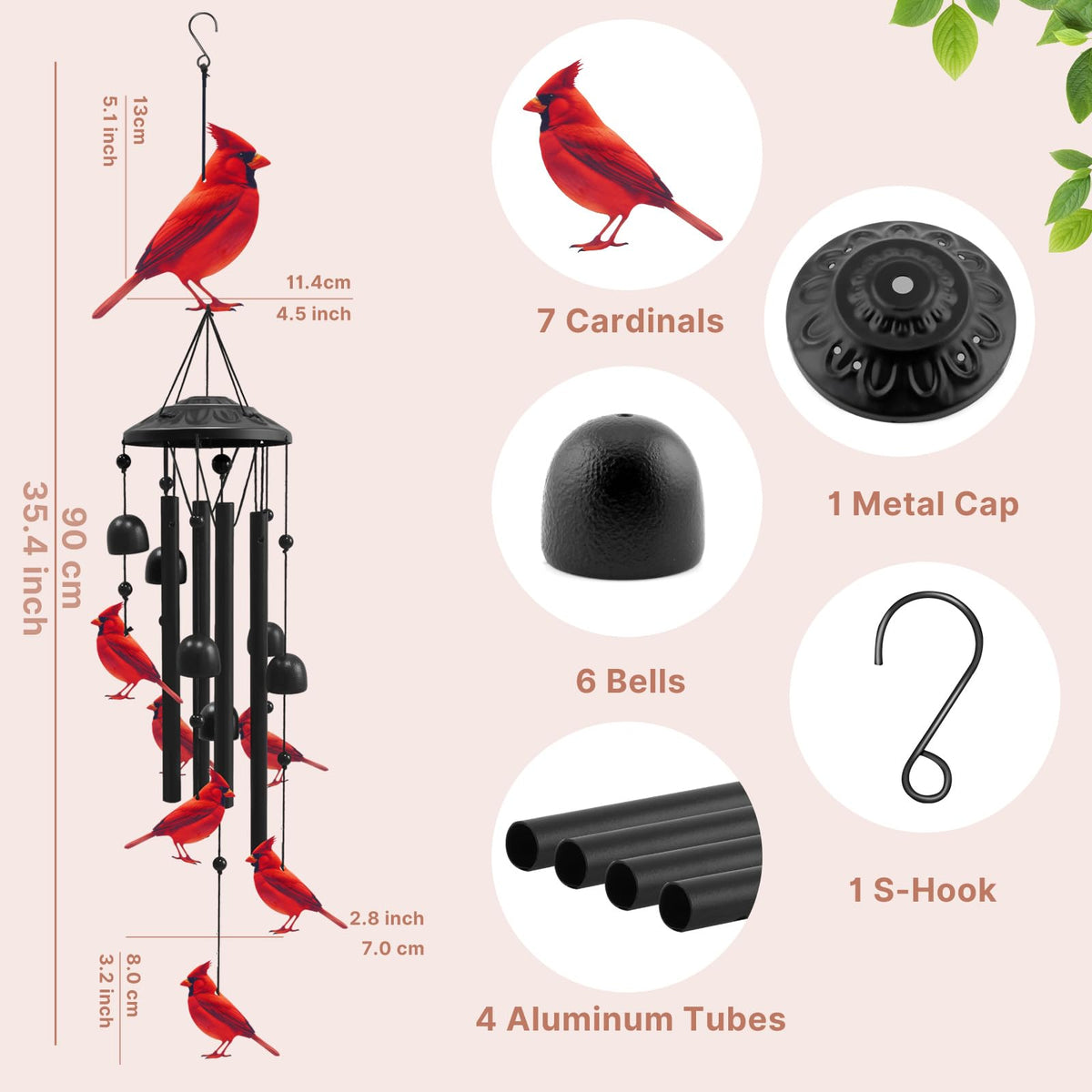 HUVNSOCH Cardinal Wind Chimes: tuned aluminum tubes emit clear, lasting music outdoors.