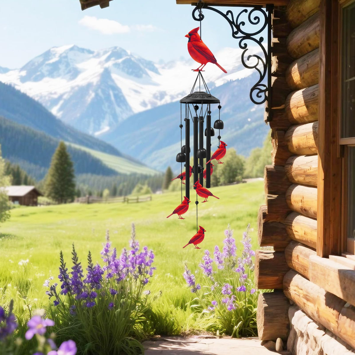 HUVNSOCH Cardinal Wind Chimes: clear bells deliver gentle, long-lasting tones near seating area.