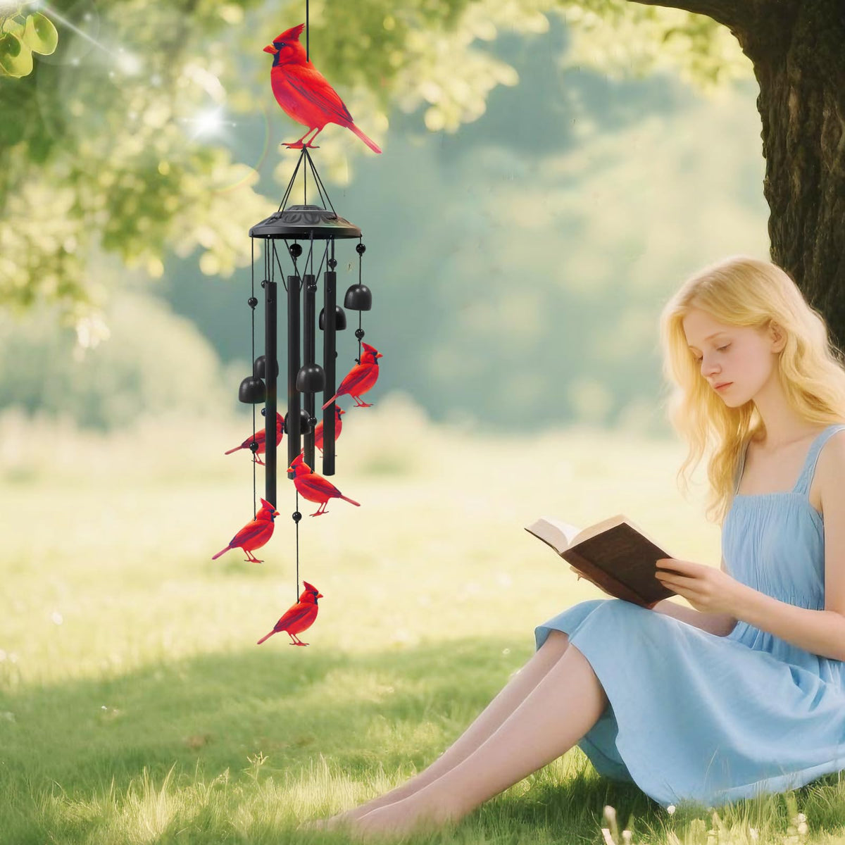 HUVNSOCH Cardinal Wind Chimes: durable metal construction for year-round outdoor use.