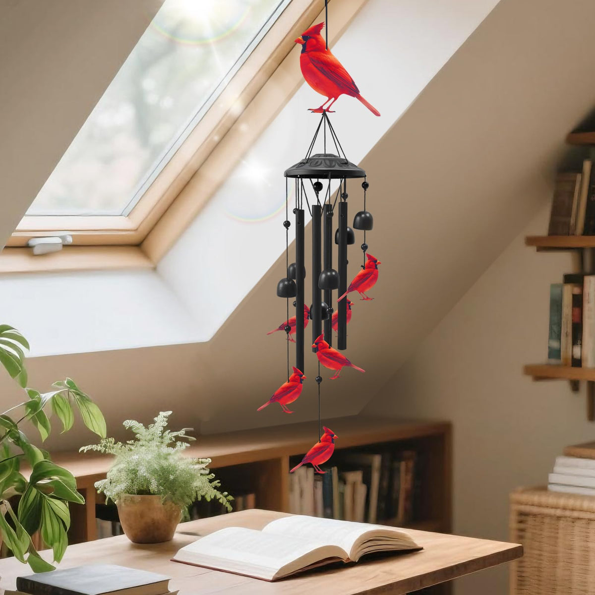 HUVNSOCH Cardinal Wind Chimes: decorative beads reflect light, enhancing garden charm.