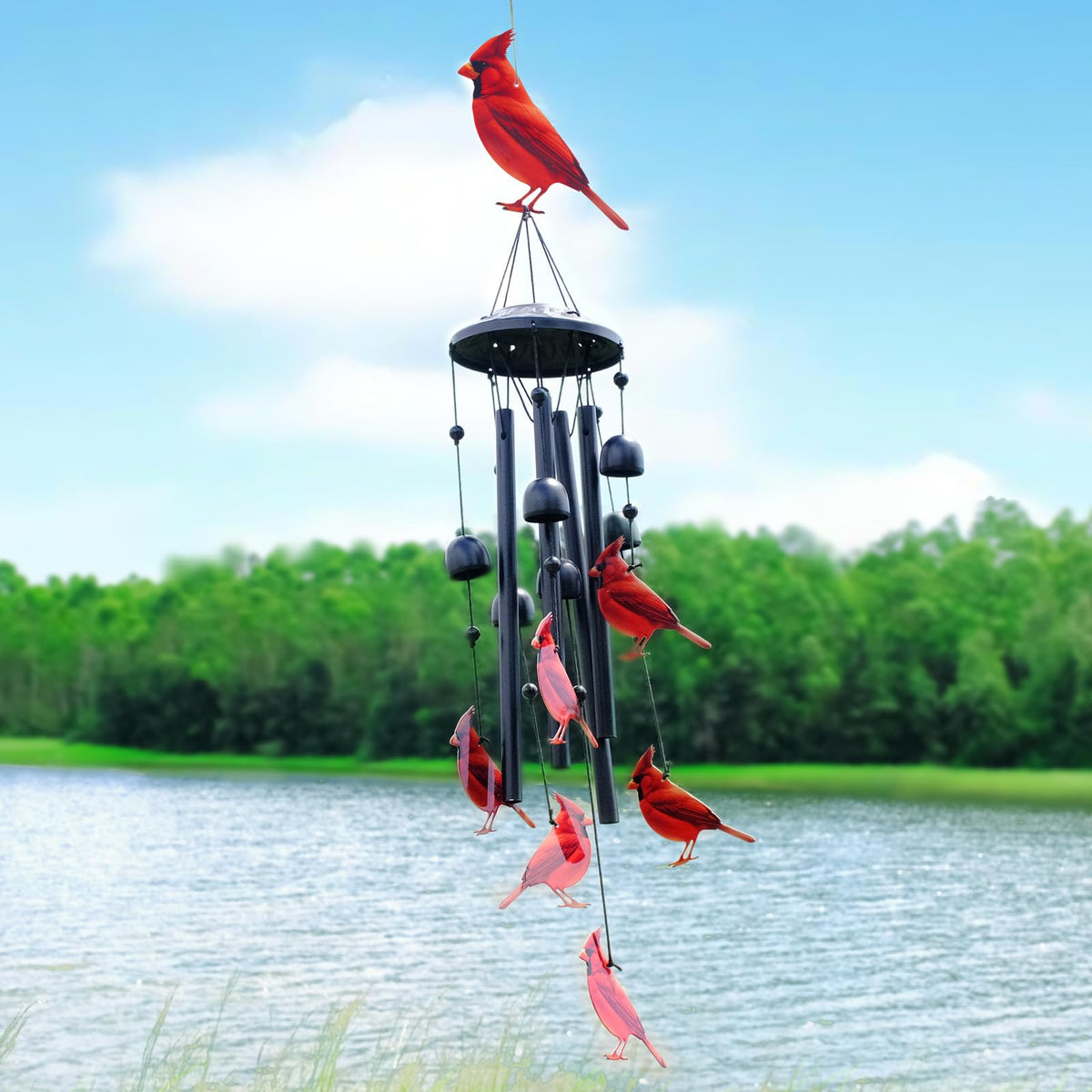 HUVNSOCH Cardinal Wind Chimes: six small cardinals add delicate charm to patios.