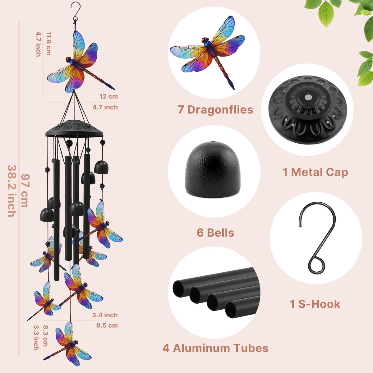 HUVNSOCH Dragonfly Wind Chimes aluminum tubes deliver clear, lasting tones.