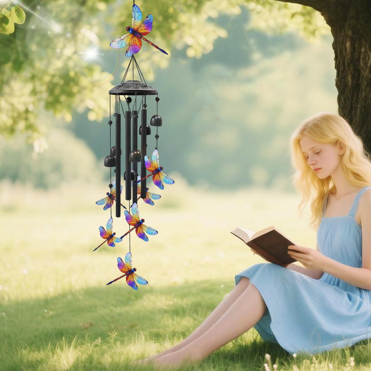 HUVNSOCH Dragonfly Wind Chimes garden scene showcases serene decor.