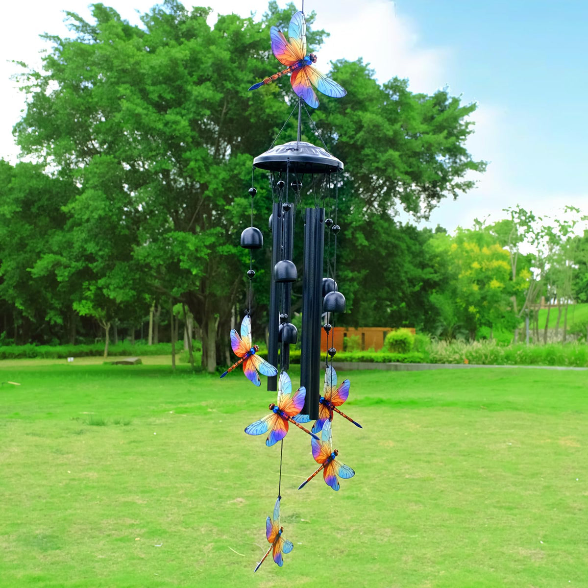HUVNSOCH Dragonfly Wind Chimes durable black nylon cord for year-round use.