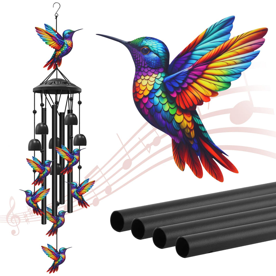 HUVNSOCH hummingbird windchime outdoors in black metal adds tranquil garden ambiance.