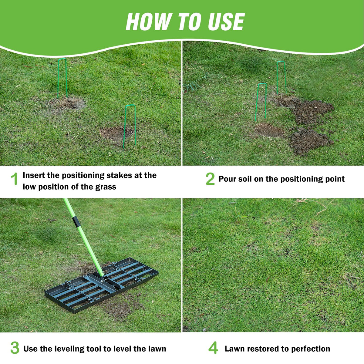 HUZSV lawn leveling rake 78-inch adjustable handle extends reach for faster leveling