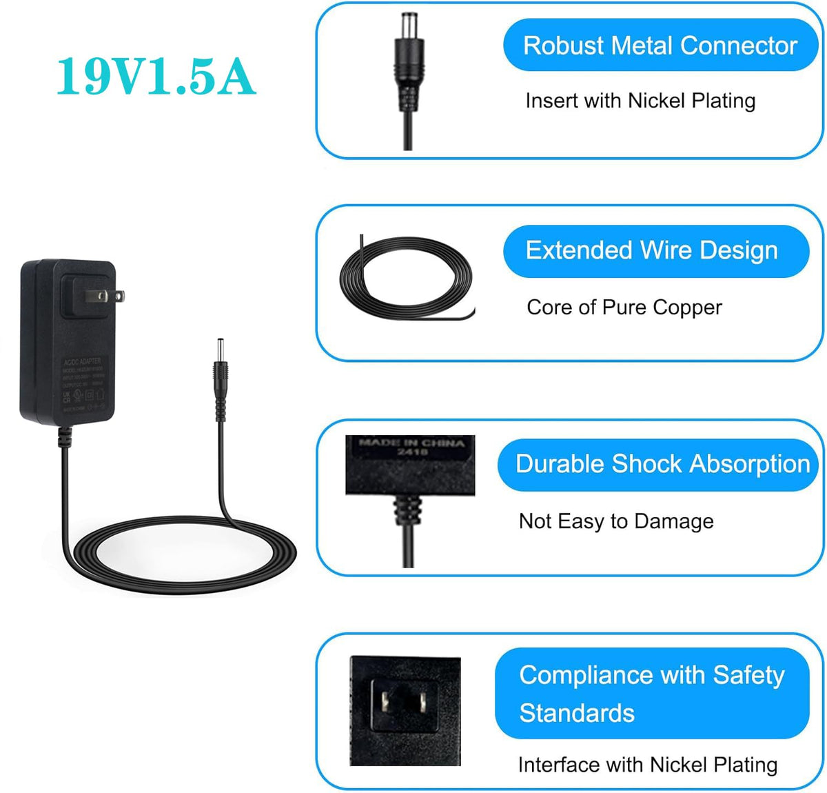 HUZUM 19V portable power adapter for M822 featuring slim design to save outlet space