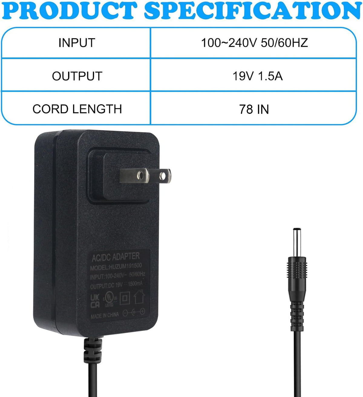 HUZUM 19V portable power adapter for M82MAX showing broad compatibility across Marbero devices