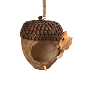 Hvfun acorn-shaped birdhouse with lifelike squirrel detail, ideal for garden decoration.