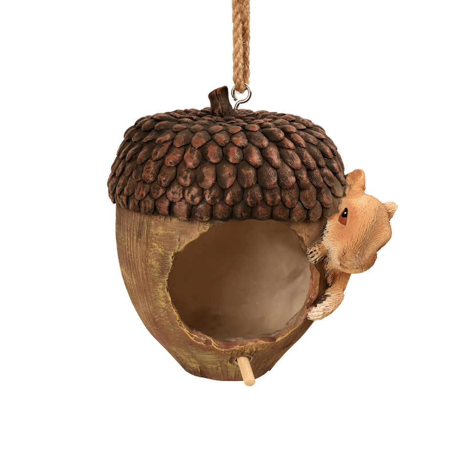 Hvfun acorn-shaped birdhouse with lifelike squirrel detail, ideal for garden decoration.