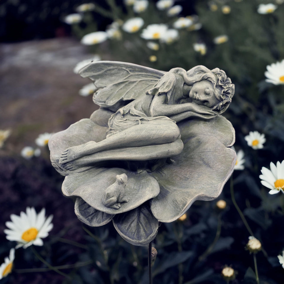 hvfun garden sleeping angel on lotus leaf statue enhances outdoor serenity and welcomes birds.