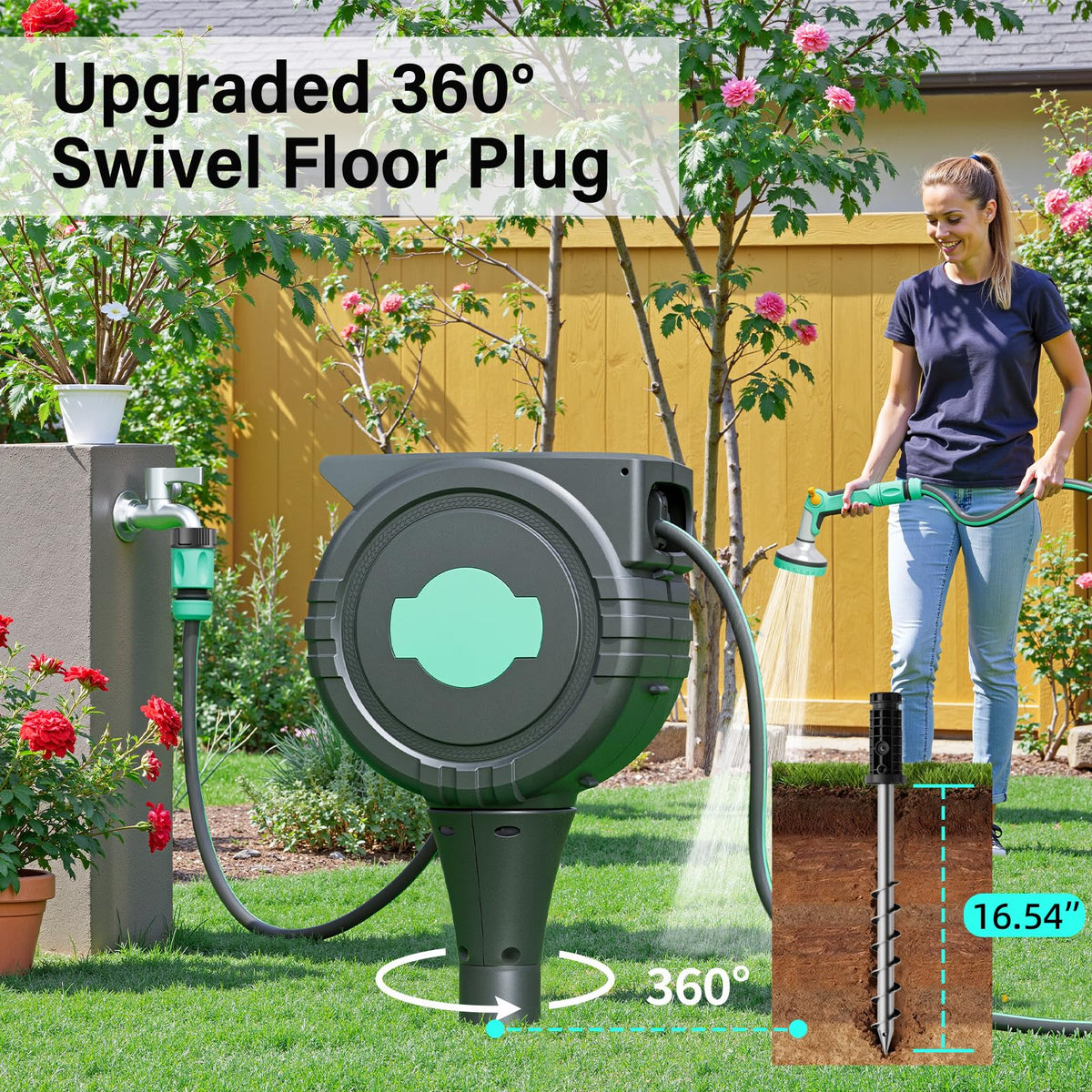 HVNPSH wall-mounted 180° swivel hose reel for easy watering around beds