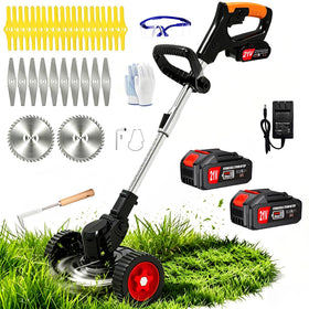 HWLANTU cordless weed wacker with wheels and dual batteries for easy yard trimming.