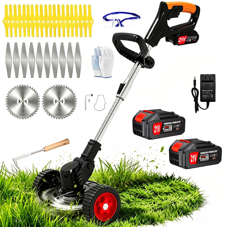 HWLANTU cordless weed wacker with wheels and dual batteries for easy yard trimming.