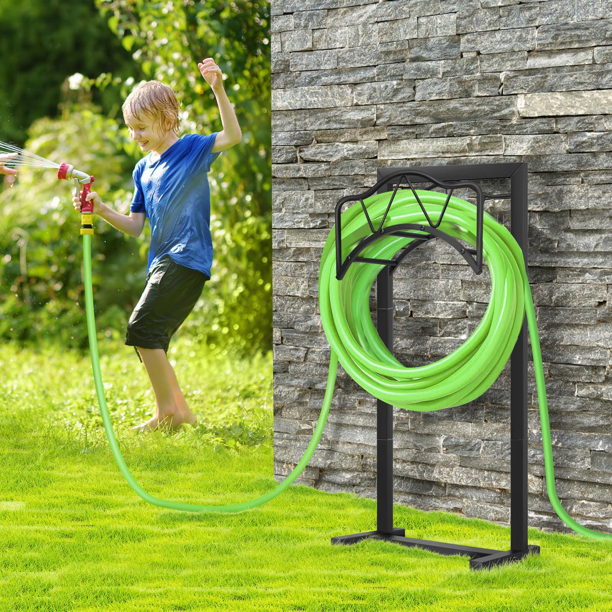 HWRHTR hose holder on patio keeps hose neatly organized and accessible