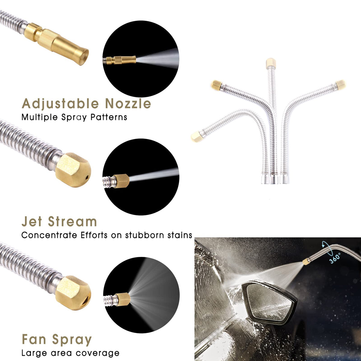 Hwylizg brass nozzle set offers versatile spray patterns for multiple tasks.