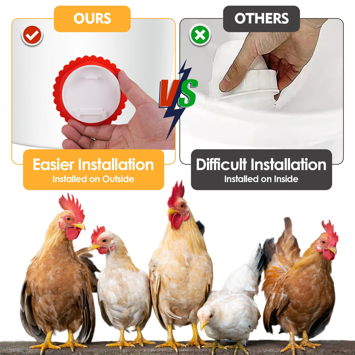 HXIAOBANN raised baffle design minimizes spills and waste in coops.