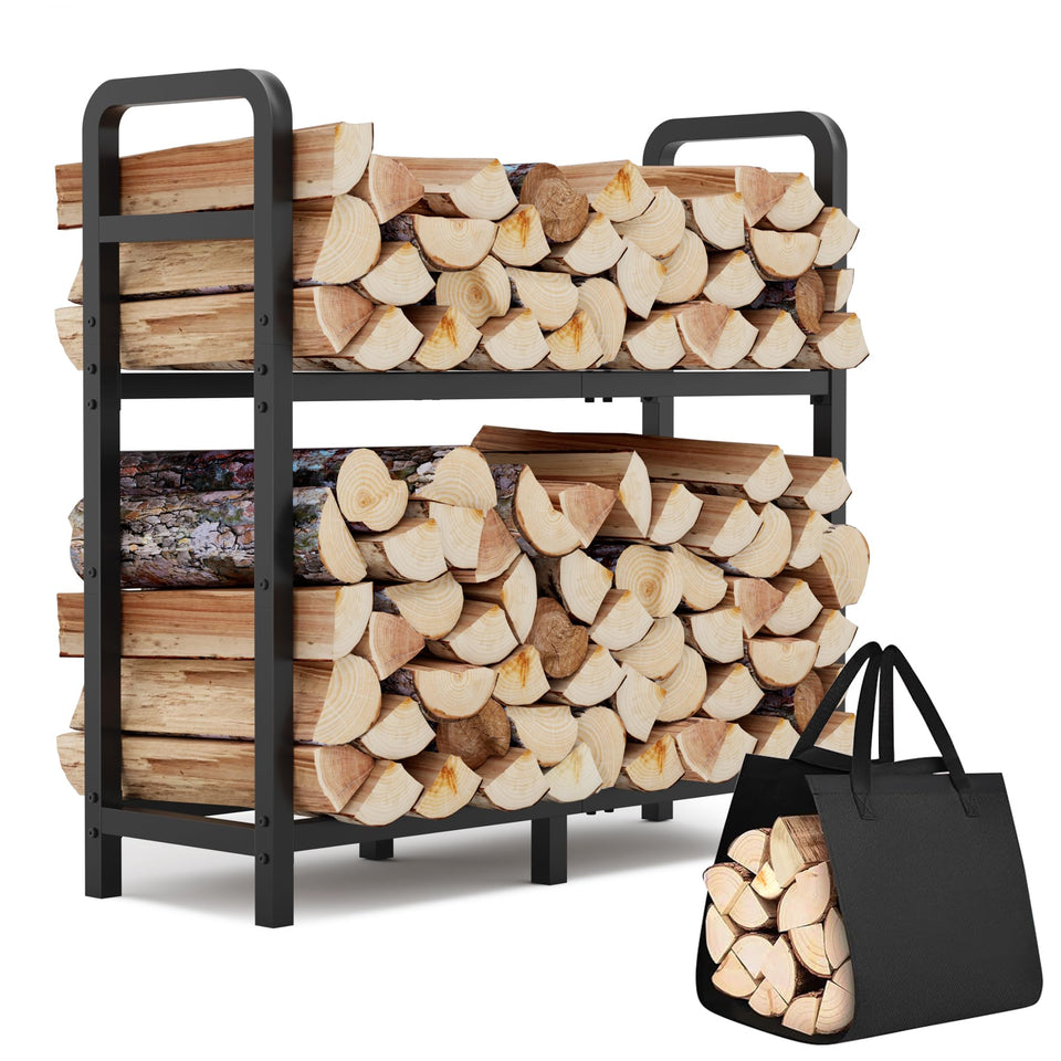 HXJLJY 2-tier firewood rack with 30-inch open design keeps logs organized and accessible.